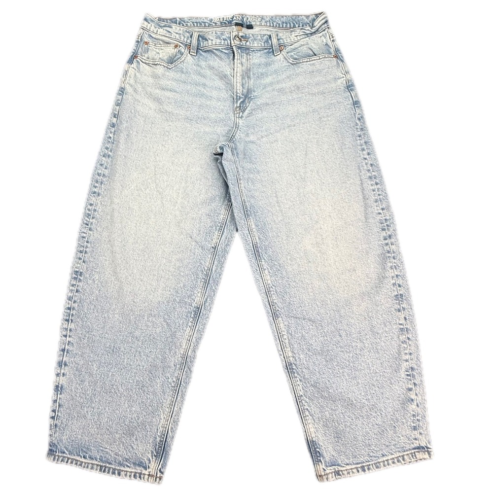 American Eagle Barrel Jeans Womens 14 Light Wash High Rise Wide Leg Denim